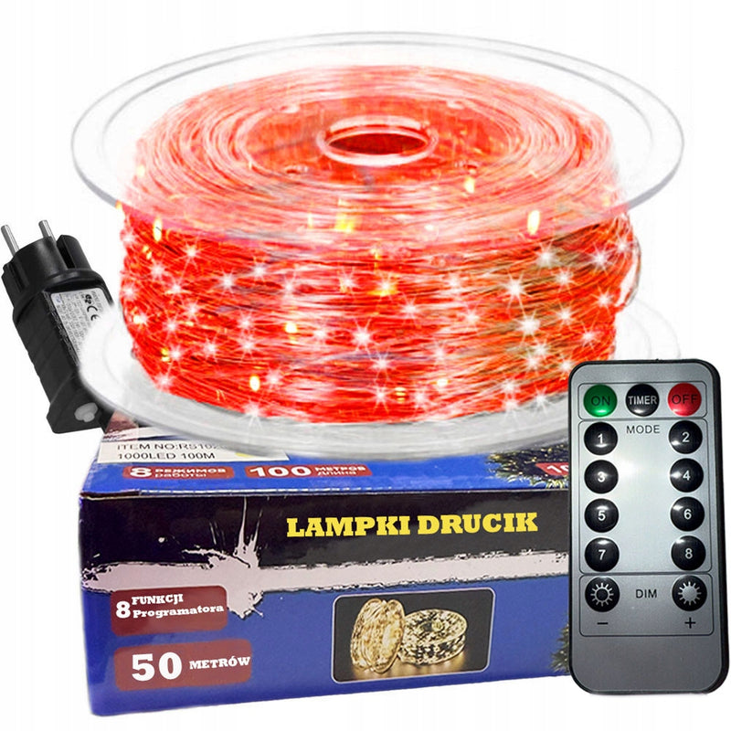 LAMPKI DRUCIKI 500LED 50M CZERWONY CHOINKOWE ŚWIATEŁKA ŻYŁKI NA PRĄD
