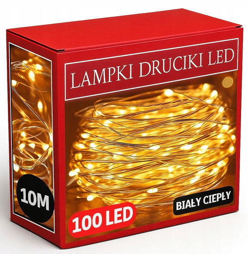 LAMPKI DRUCIKI 100LED CIEPŁY BIAŁY ŚWIATEŁKA MIRKO ŻYŁKI NA BATERIE ŚWIATŁO