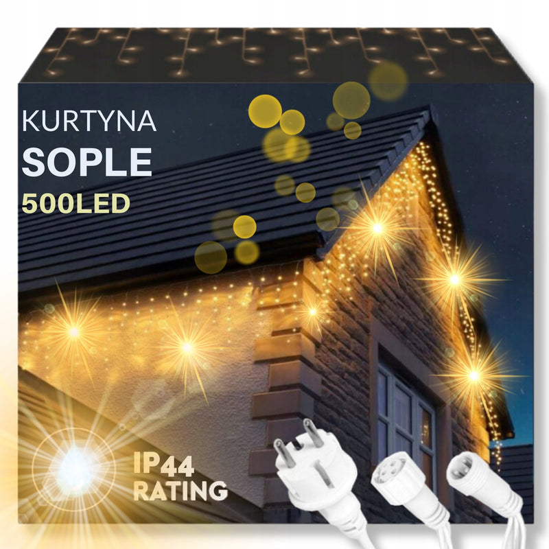 SOPLE 500LED CIEPŁY BIAŁY KURTYNA ZEWNĘTRZNA LAMPKI Z EFEKTEM FLASH