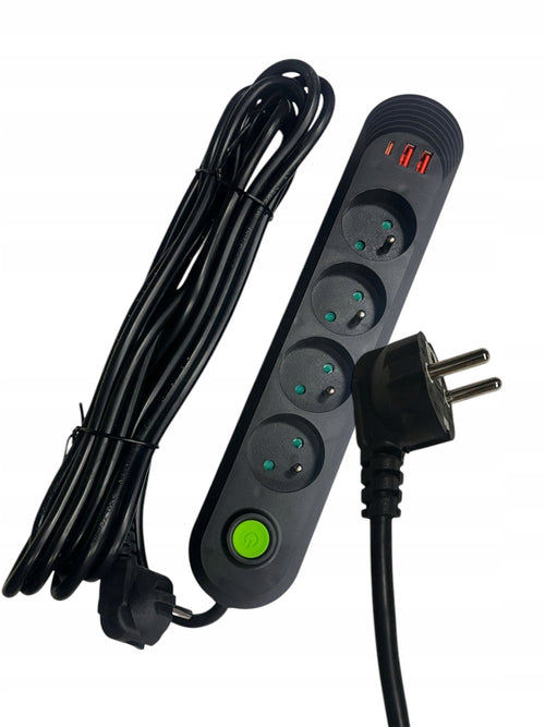 LISTWA ZASILAJĄCA PRZEDŁUŻACZ 4 Gniazda 250V 5m 2xUSB-A 1xUSB-C Ładowarka
