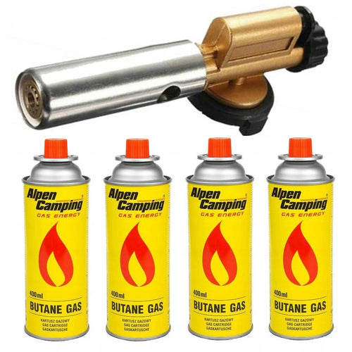 Palnik Gazowy METALOWY Piezo + 4x Kartusz GAZ Zestaw Camping Grill 1300°C