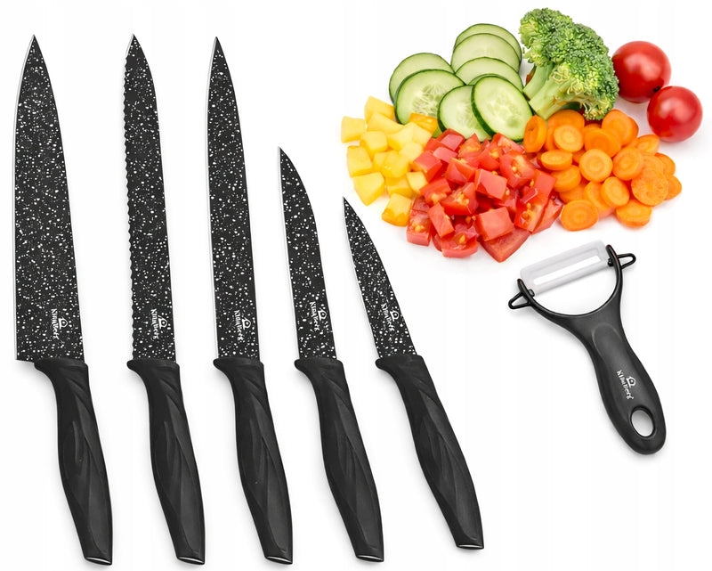 Zesaw noży kuchennych 5 szt + obieraczka stal nierdzewna ostre