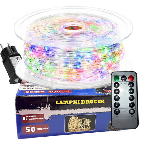 LAMPKI DRUCIKI 500LED 50M MULTIKOLOR CHOINKOWE ŚWIATEŁKA ŻYŁKI NA PRĄD