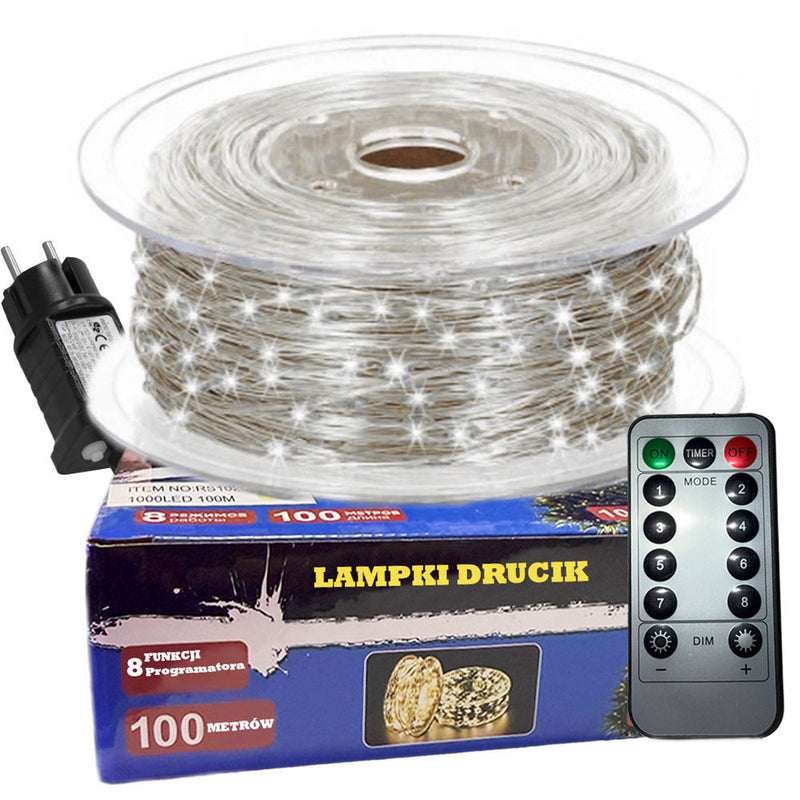 LAMPKI DRUCIKI 1000LED 100M BIAŁY ZIMNY CHOINKOWE ŚWIATEŁKA ŻYŁKI NA PRĄD