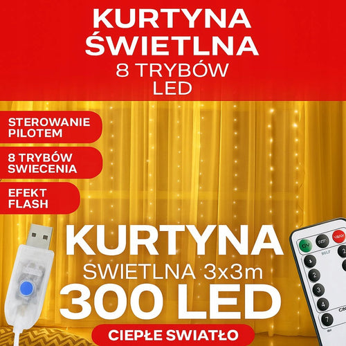 KURTYNA ŚWIETLNA NA OKNO 300 LED 3x3 LAMPKI ŚWIĄTECZNE CHOINKOWE GIRLANDA