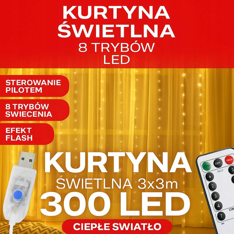 KURTYNA ŚWIETLNA NA OKNO 300 LED 3x3 LAMPKI ŚWIĄTECZNE CHOINKOWE GIRLANDA