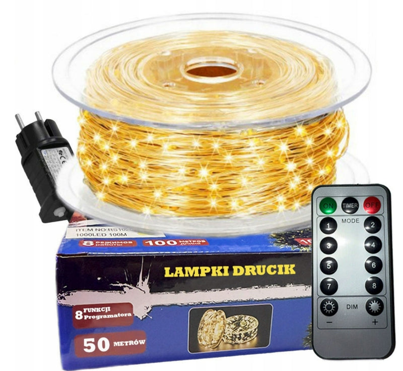 LAMPKI DRUCIKI 1000LED 100M BIAŁY CIEPŁY CHOINKOWE ŚWIATEŁKA ŻYŁKI NA PRĄD