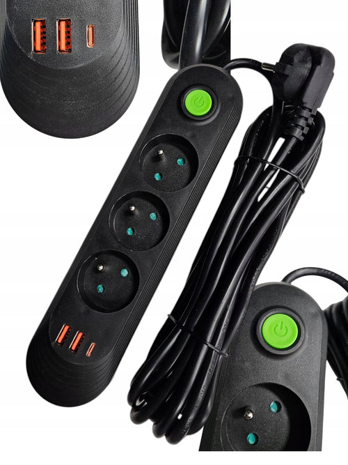 PRZEDŁUŻACZ LISTWA ZASILAJĄCA 5M 3 Gniazda 250V 2xUSB-A 1xUSB-C Ładowarka