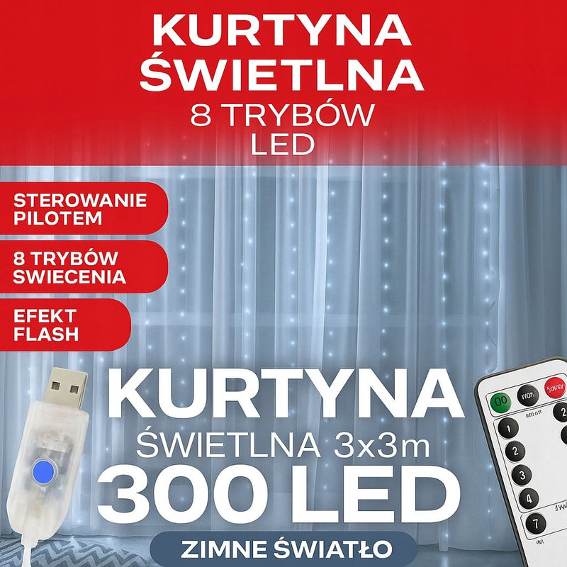 KURTYNA ŚWIETLNA NA OKNO 300 LED 3x3 LAMPKI ŚWIĄTECZNE CHOINKOWE GIRLANDA